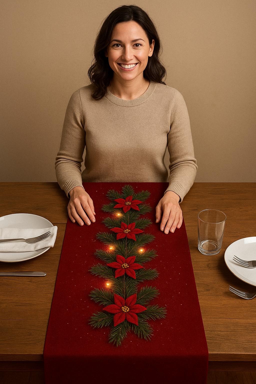 1 Piece of Luminous Christmas Flower Pine Branch Table Runner, Red Background Printed with Lighted Pine Branches and Poinsettia Pattern, Suitable for Christmas Dinner, Holiday Party, Pastoral B&B, Handicraft Market, Cafe Deco
