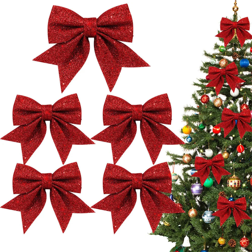 5Pcs/Set 14cm Sparkling Bow Christmas Decorations Xmas Tree Pendant Ornament for Home Decor New Year Party DIY Bows Decorations