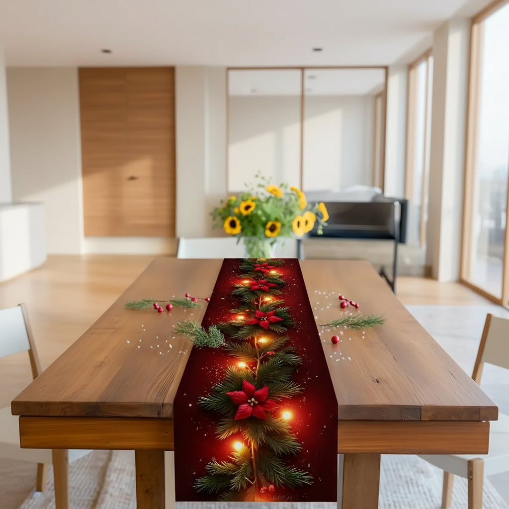 1 Piece of Luminous Christmas Flower Pine Branch Table Runner, Red Background Printed with Lighted Pine Branches and Poinsettia Pattern, Suitable for Christmas Dinner, Holiday Party, Pastoral B&B, Handicraft Market, Cafe Deco