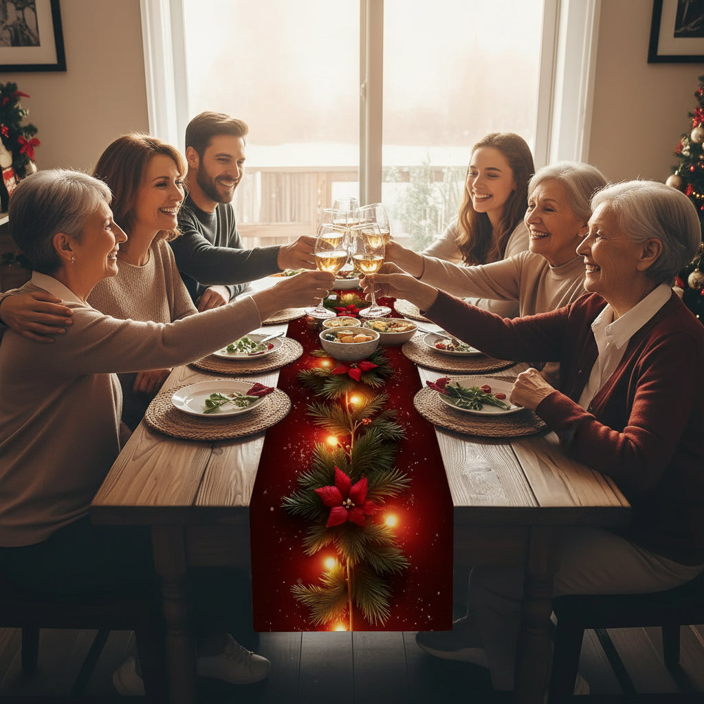 1 Piece of Luminous Christmas Flower Pine Branch Table Runner, Red Background Printed with Lighted Pine Branches and Poinsettia Pattern, Suitable for Christmas Dinner, Holiday Party, Pastoral B&B, Handicraft Market, Cafe Deco